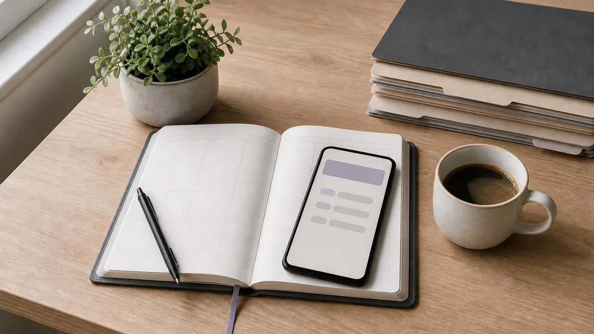 Open weekly planner and budget phone arranged neatly on a light wood desk