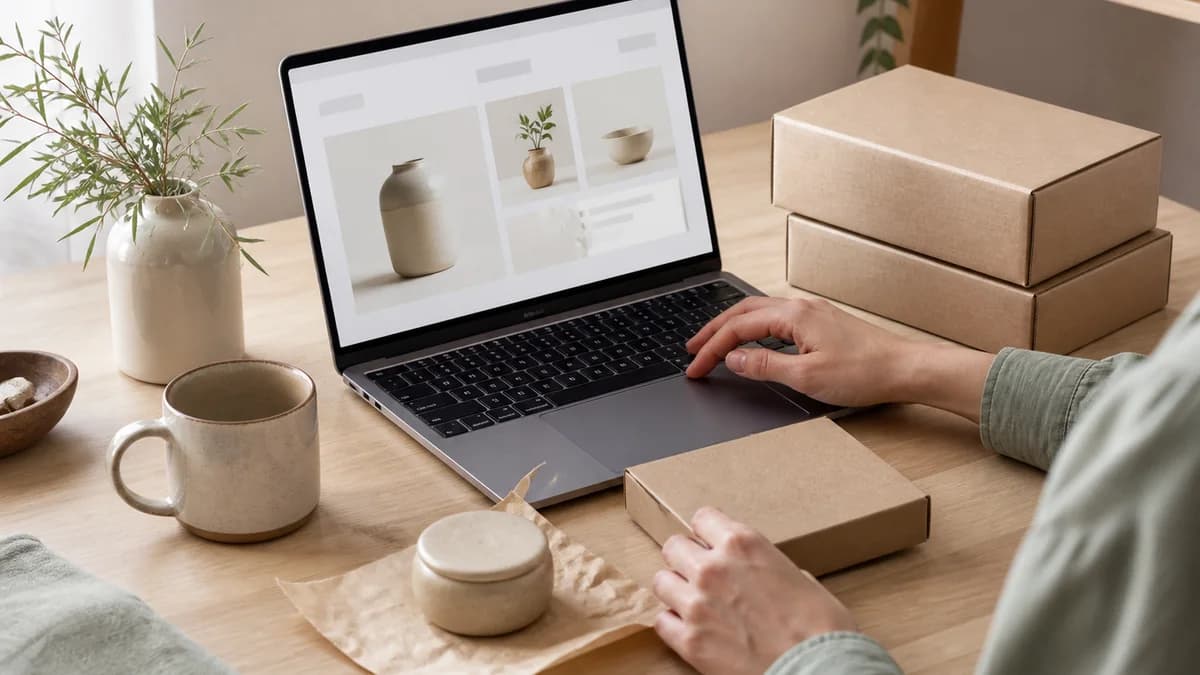 Small business owner preparing products and reviewing an online shop at a desk