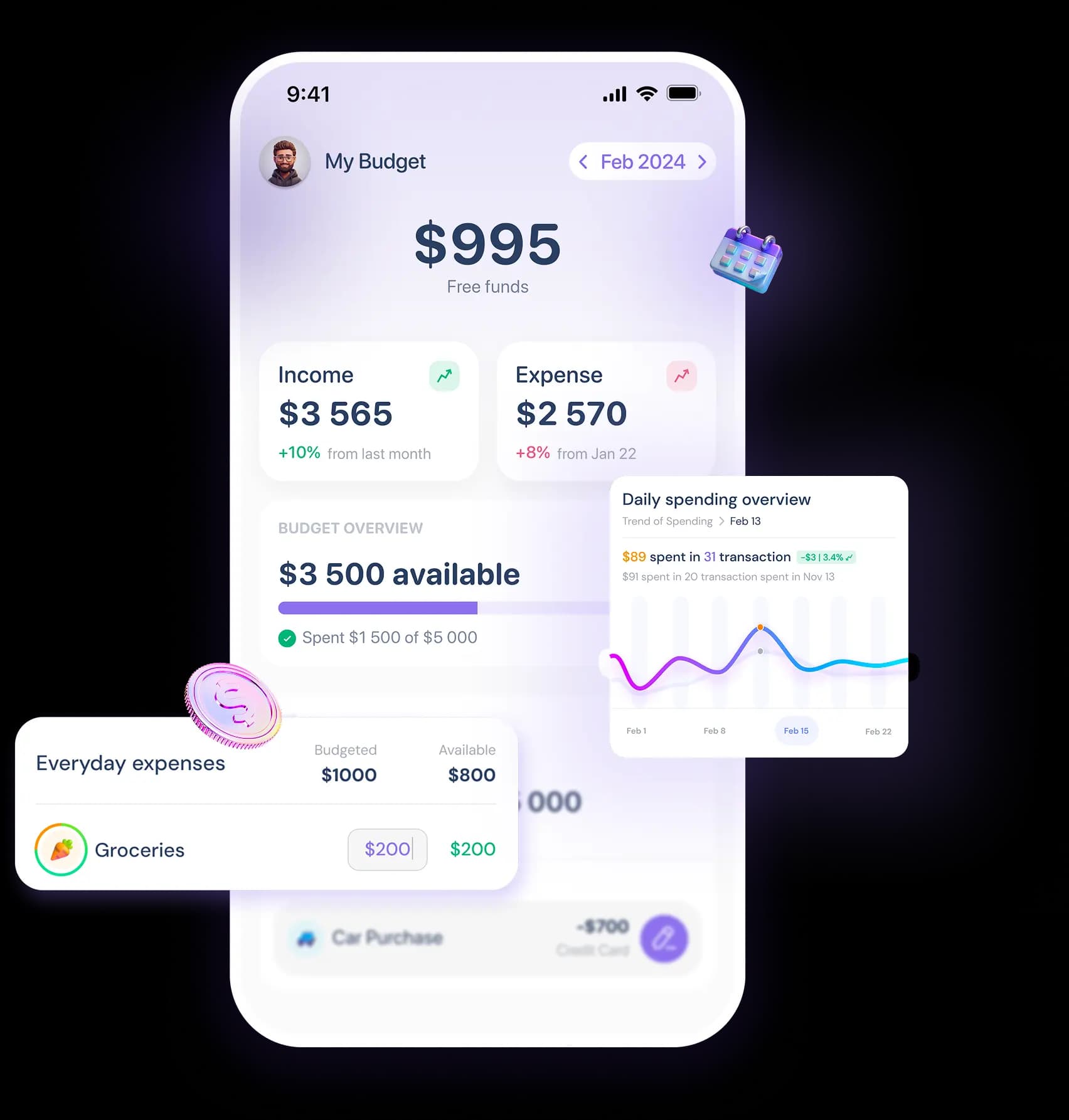 Moneyscope mobile dashboard showing account balances and recent activity