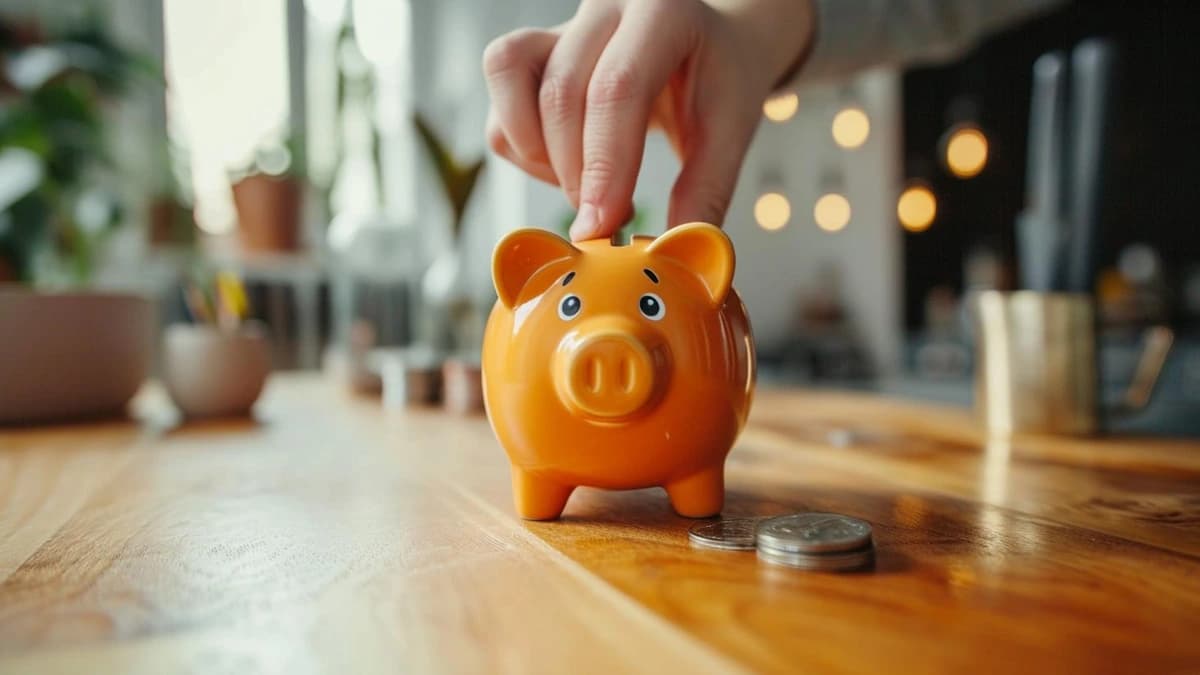 Hand placing a coin into an orange piggy bank