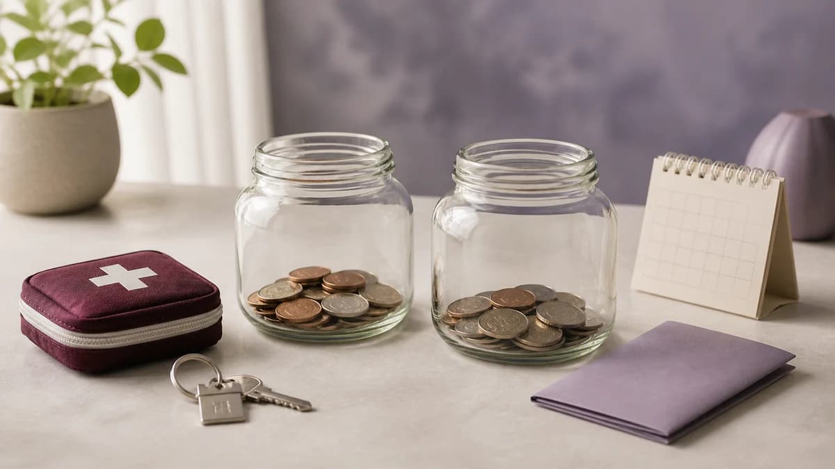Two glass savings jars beside a calendar, house key, and first-aid pouch